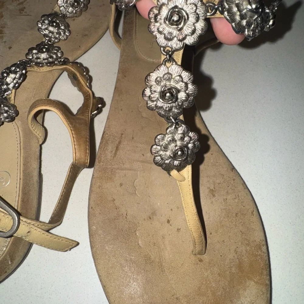 CHANEL Beige Tan Floral Embellished Thong Sandals